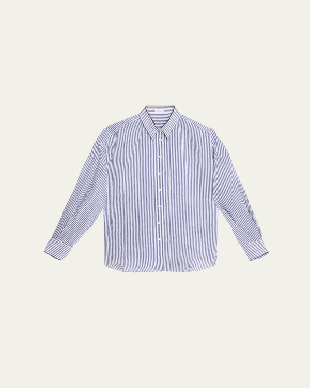 Stripe Button Down Linen Shirt with Piping Collar
